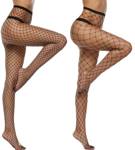 Yilanmy Damen Netzstrümpfe Sexy Schwarz Strümpfe Netzstrumpfhose Hohe Taille Fischernetz Strumpfhosen (2Paar,M/L)