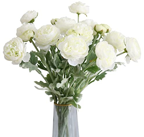 Htmeing 6-teiliges künstliches Ranunkelblumen-Set mit echt anfühlendem Stiel Seiden Ranunkelblumen für Haushaltsarrangement Beige