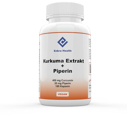 Enkra Health Kurkuma Extrakt + Piperin Kapseln - 180 Kapseln - 400 mg Curcumin - Vegan & ohne Füllstoffe - Hochdosiert