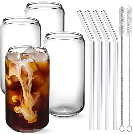 Aoguaro Drinking Glasses With Glass Straw 4pcs Set 16oz Can Shaped Glass Cups Both Hot and Cold, for Juice Milk Beer Iced Coffee Whiskey Soda Tea Water etc With 2 Cleaning Brushes Gift kit