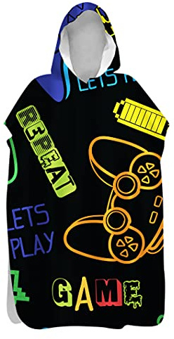 Highdi Muster Handtuch Surf Poncho mit Kapuze Erwachsene für Damen Herren Teenager, Badeponcho Handtuch Poncho aus Mikrofaser auch als Umkleidehilfe Strand (80x145cm,Gamepad 2)
