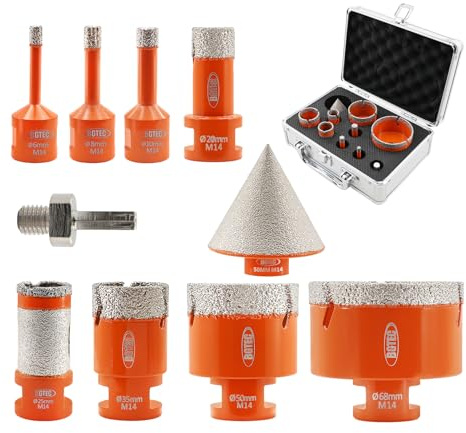 BGTEC Foret Diamant Kit Trépan Carrelage – 10 pièces 6/8/10/20/35/50/68 mm Trépan Diamant M14 pour Porcelaine, céramique, carrelage, marbre, granit – Perçage à sec