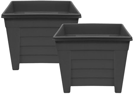 simpa Grosvenor Square Plastic Garden Planters - Set of 2 Pots Black 38cm.