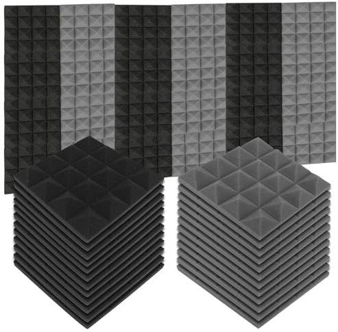 24 Pack Set Acoustic Panels, 25 x 25 x 5cm Noise Absorption Acoustic Foam Panels, 5cm Thickness High Density Sound Proofing Panels for Studio, Cinema (12 Black+12 Grey)