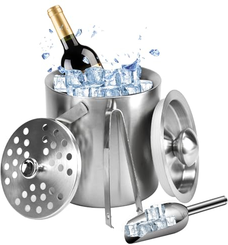 SLTAXAR 1,3L/44OZ Eiskübel Edelstahl Eiseimer Champagner Kühler Eiskühler Sekt Eiswürfelkühler Doppelwandig Eisbehälter Isolier Eiswürfelbehälter Wein Bier Eiskübel mit Deckel Sieb Eiswürfelform