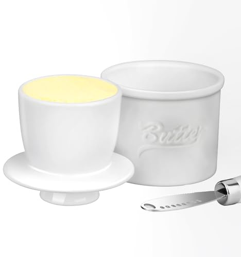 PPEA Mantequera con tapa, recipiente de mantequilla de cerámica francesa para encimera, mantequilla untable bajo demanda, mantequilla francesa de cerámica blanca redonda