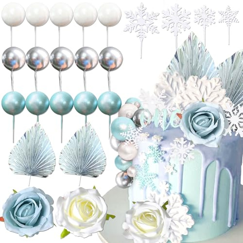 Roaring Good Time Schneeflocken Tortendekorationen Blaue Tortendekorationen Blumen Kugeln Cake Topper für Hochzeitsdekoration und Winter Themed Birthday Party Supplies