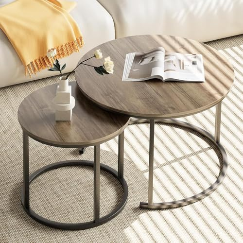 Huhote Runda soffbord, set med 2 sidobord, häckbord, sidobord med metallram för vardagsrum/sovrum/balkong/kontor/lägenhet, diameter 60 cm (23,6/15,7 tum) (svart ram, ektopp)