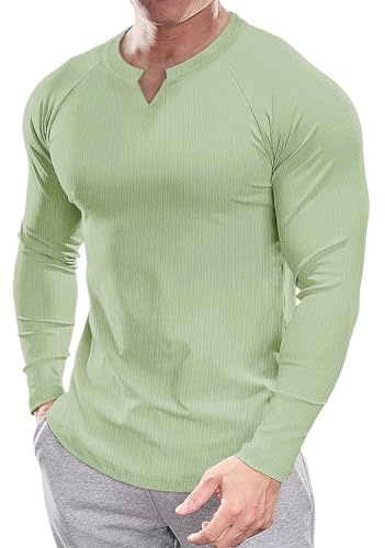 Muscle Cmdr Uomo Slim Fit Scollo a V Camicie Casual Manica Lunga e Corta Muscolo Henley T-Shirt Top Business Elegante Verde S