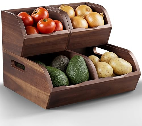 NAGAWOOD Acacia Wood Pantry Storage Bins - Stackable Open Front Kitchen Baskets with Airflow Vent for Potato, Onion, Fruit, Vegetable, and Bread Storage, Wood Organizer for Pantry and Countertop