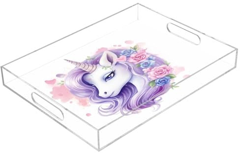 Unicorn Purple Hair Acrylic Serving Trays, Clear Rectangular Tray with Handles Serving Platter for Coffee Table Kitchen Bathroom