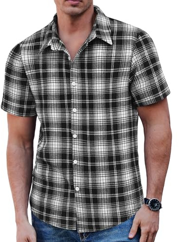 COOFANDY Herrenhemden Kurzarm Kariert Sommerhemd Karohemd Freizeithemden für Männer Regular Fit Casual Schwarz und Weiß 3XL