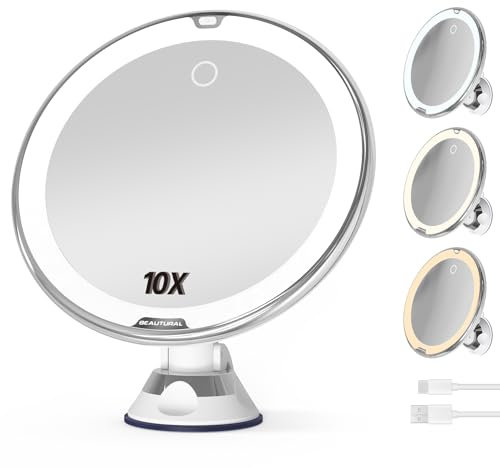 BEAUTURAL Kosmetikspiegel 10-Fach Vergrößerung mit Beleuchtung Schminkspiegel mit 3 Lichtfarben Helligkeit Einstellbar 360 °Schwenkbar Rasierspiegel Wandspiegel Vergrößerungsspiegel