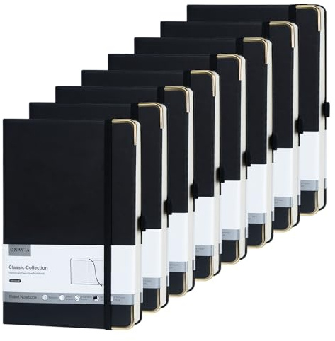 ONAVIA A5 Lined Notebook Hardback, 160 Pages Notepad, 100 GSM, 8 Pack Black | 5.8 x 8.3, Leather Work Notebooks, 7 mm College Ruled Journal, Lay Flat, Inner Pocket, School, Travel Journaling, Meeting