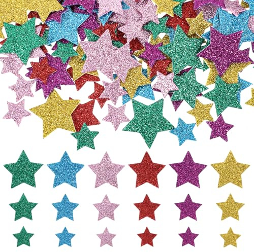 Nogeqi 270 Stück Moosgummi Sterne Star Sticker Glitzer, Moosgummi Glitzer Sticker Stern, Selbstklebend Aufkleber Sterne Basteln in 3 Größen für Kunsthandwerk, Grußkarten & Dekoration (Bunte Farben)
