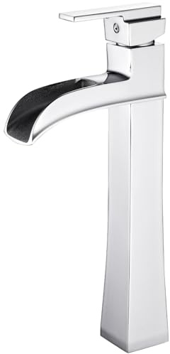 Maynosi Modern High Rise Bathroom Basin Mixer Tap, Tall Waterfall Bathroom Sink Tap, Single Lever Tall Tap for Counter-Top Basin, Brass Faucet with Flexible Tails, Unique Castle-Like Design, Chrome