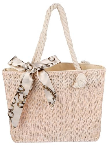 COLLBATH Straw Woven Shoulder Bag Damen Strohhandtasche Geflochtene Tasche Große Kapazität Sommer Beach Holiday Schultertasche Modisch Und Praktisch in Beige