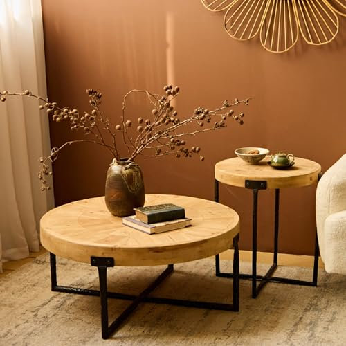 CUXAHO Couchtisch Satztisch 2er Set Beistelltisch rund Sofatisch Kaffeetisch Retro Wohnzimmertisch Vintage Kaffeetischfür Wohnzimmer,Home Office