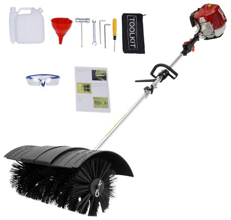 Power Broom Petrol Sweeper Brush 2-Stroke Air-Cooled Engine Sweeping Broom Cleaner Lawn Sweeper Hand Held Cleaner Multi-use Brush for Cleaning Streets Parks Leaves Snow Moss and Debris