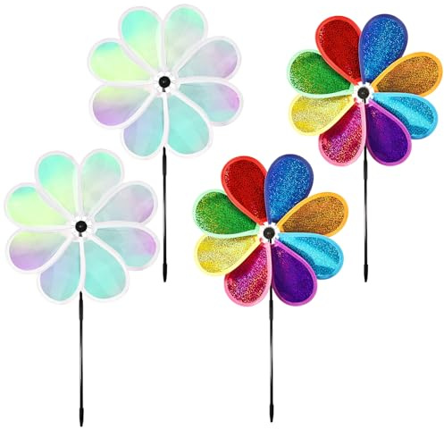 ASOFTY 4 Stück Windräder Vogelabwehr, 30cm Regenbogen Windmühle Spinner, Blume Windrad für Draußen Stehend, Reflektierend Windrad Vogelschreck für Garten, Rasen, Terrasse, Balkon, Obstgarten