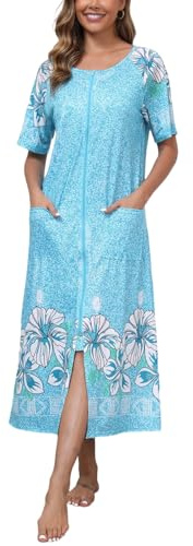 Rubehoow Dressing Gown Robe for Women Short Sleeve Zipper Robe Full Long Lounge Mumus Nightgown with Pockets