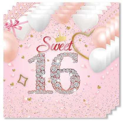 ParPix 20 Stück Sweet Servietten Geburtstag 16 Mädchen, 33x33cm Rosa 16. Geburtstag Deko Papierservietten, Servietten Geburtstags 16 Jahre Mädchen,Sweet 16 Geburtstagsservietten,16 Geburtstags Deko