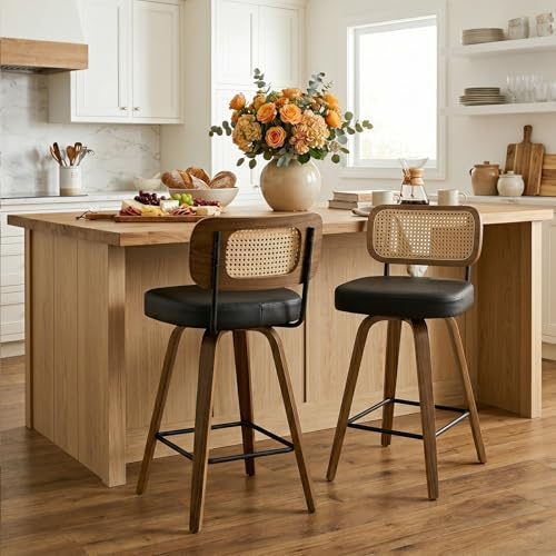 Bekrvio Barhocker 2er Set mit Lehne, 65 cm Sitzhöhe, 360° drehbar, Barhocker Rattan Holz mit Extra Dickem Sitz 7cm, Stabile 4 Beine, Barstuhl für Kücheninsel & Essbereich Schwarz