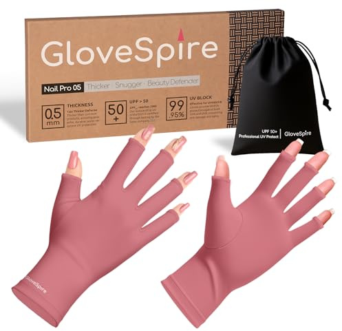 GloveSpire Thickened UPF50+ UV Gloves for Nails, One Size, Dusky Rose | Fingerless, Sun & UV Protection, Thickened Stretch Fabric, 2 Sizes for a Better Fit, Included Storage Pouch, Home & Salon Use