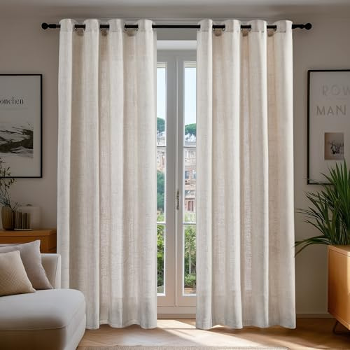 Deconovo Cortinas de Lino Translucidas Modernas 140x229 cm, 2 Piezas con Ojales, Visillos Ligeros para Salón, Dormitorio, Oficina y Habitación Infantil, Color Lino