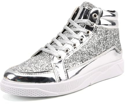 Generisch 2026 Herrenmode Helles mit Pailletten Dickbesohlte High Top Freizeitschuhe Bequeme Sneakers Diabetiker Schuhe Soft Herren (Silver, 46)