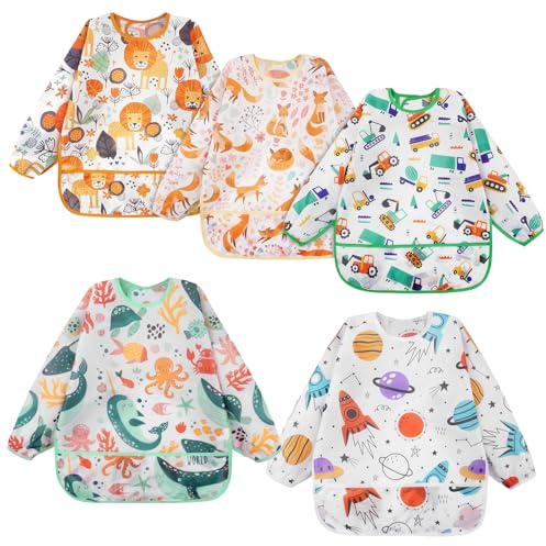 Vicloon Lätzchen Baby mit Ärmel, 5 Pack, Abwaschbar Ärmellätzchen Ganzkörper Lätzchen Baby, Unisex Lätzchen Set für Essen Kunst Handwerk Malerei Bemalen Spielen für 6-24 Monaten