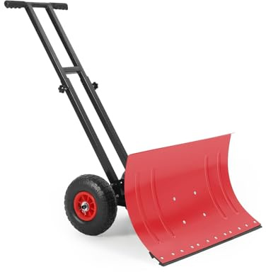 Schneeschaufel mit Rädern, 5-Positionen Schrägmesser und Gummirädern, schwerer rückensparender Stahlschneepflug für Einfahrten, Gehwege und Türöffnungen, Doppelstange, 29 B X 16,5 H, rot und schwarz