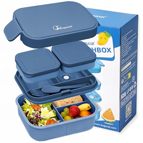 Bugucat Brotdose Kinder 1300ML,Lunchbox Erwachsen Auslaufsicher Mit Fächern Bento Box für Kinder & Erwachsene mit Soßenbox, Vesperdose Frühstücksbox für Mädchen & Jungen BPA-Frei Blau