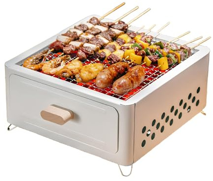 Barbecue portatile a carbonella, 26,5 cm, compatto, da tavolo, per 3 5 persone, uso esterno e interno, perfetto per picnic e riunioni (bianco)