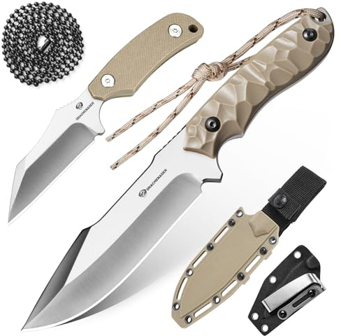 DRACHENADER Gürtelmesser Set – Jagdmesser mit feststehender Klinge 12,8 cm aus 5Cr14MoV Stahl (Drop Point) + Neck Knife aus D2 Stahl (Tanto Point), für Camping (Silberklinge, Khaki-Griff)