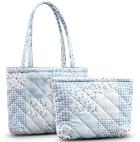 Shinylin 2 Pcs Blue Floral Quilted Zipper Tote Bag for Women, Including Tote with Pouch Bag, Suitable for Travel, Work, Commuter, Leisure, Gym Essentials, Gifts for Women Birthday