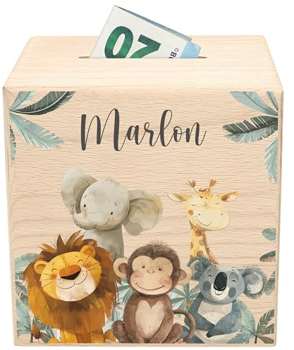 Spardose für Kinder personalisierte Sparbox aus Holz Sparschwein mit Schlüssel Geschenk für Jungen Mädchen Holzspardose Tiere