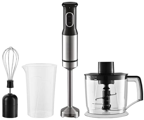 GAVATECH Batidora de Mano 1200W – Kit 3 en 1 con Picadora de 800ml, Varilla Batidora, 4 Cuchillas de Titanio y Cable Extralargo de 1.1m, Control de Velocidad Variable.