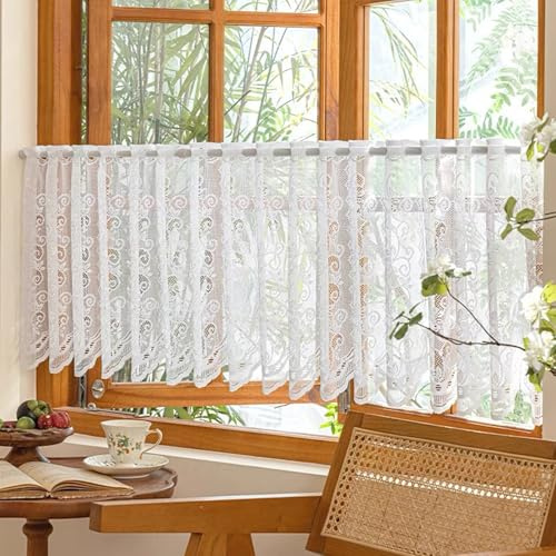 Tolldek Scheibengardinen Transparent mit Stickerei Blumen Kurzstores Gardinen Landhausstil Spitze Vintage Vorhänge Weiß(HxB 45x140cm) 1 Stück