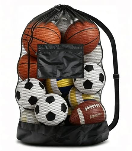 MOERAE Balltasche, extra großes Ballnetz mit zusätzlichen Taschen, praktische Netzballtasche mit Kordelzug und Schultergurt, vielseitig für Fußball, Basketball, Volleyball und Sporttraining