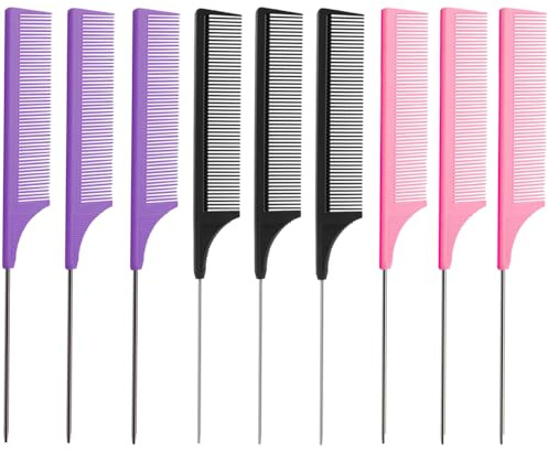 YFTRFR 9 Piezas Peines de Cola Peine de Peluquero Antiestático Resistente al Calor Pintail de Acero Inoxidable para el Hogar Salones Peluqueros para Mujer y Hombre con Mango de Acero Inoxidable