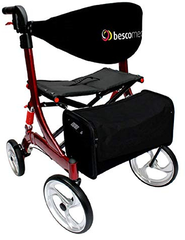 Leichtgewicht-Rollator Spring - Gehhilfe mit Komfort-Federung - höhenverstellbar & faltbar - inklusive Netztasche & Rückengurt - bequeme Sitzfläche - zusammenklappbar - Modell S Bordeauxrot