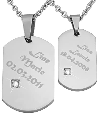 Hanessa Personalisierte Kette mit Gravur Edelstahl 50 cm mit Anhänger Dog Tag mit Strass-Stein in silber - Personalisierte Halskette für Freundin oder Freund - Personalisierter Schmuck Freundschaft