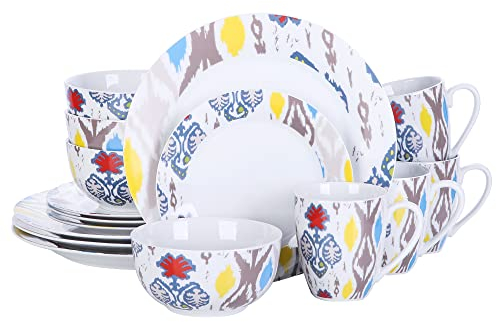 VEWEET Servizio di Piatti in Porcellana per 4 Persone Servizio Combinati 16 pcs con 27 CM Piatti Piani, 19 CM Piatti da Dessert, Tazze 380 ML e Ciotole 650 ML per Cereali, Motivo Colorato Serie BETULA