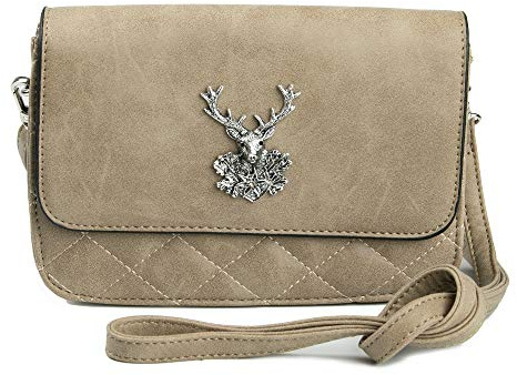 Enzianblau Trachten: Tasche in Wildleder-Optik mit HIrschbrosche, Trachtencluch, Oktoberfest Tasche zum Dirndl (Taupe)