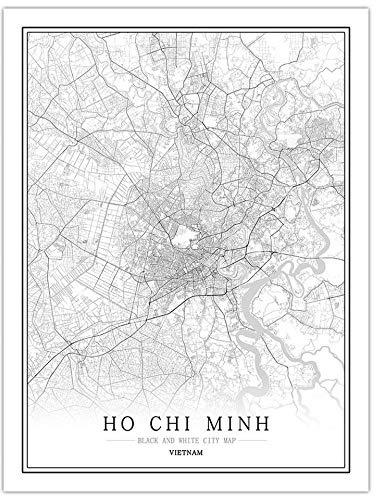 JWJQTLD Leinwanddruck Vietnam Schwarz-Weiß-Stadtplan Poster Nordic Wohnzimmer Wandkunst Home Decor Leinwand Malerei Kreatives Geschenk, 50X70Cm No Frame