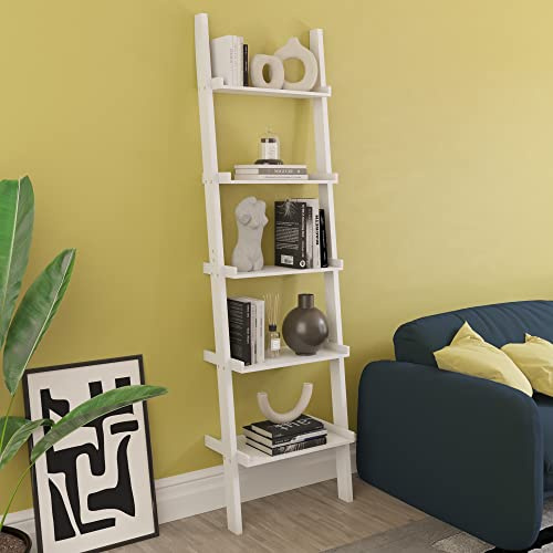 Vida Designs York 5 Tier Ladder Bookcase - Leaning Shelf Display Storage Unit with Open Shelves - Modern Bookshelf for Living Room, Bedroom or Home Office - White - H 189 x W 56 x D 32.5 cm
