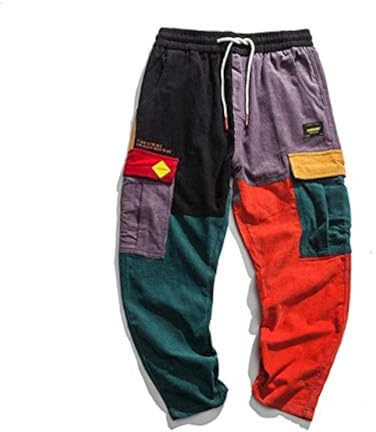 Loeay Pantaloni da uomo casual, hip hop, streetwear, a blocchi di colore, joggers, pantaloni in corduroy, pantaloni con vita elastica, patchwork, Come da immagine, XXL
