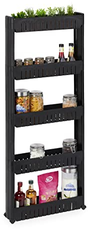Relaxdays Nischenwagen, 5 Ablagen, schmales Nischenregal Bad & Küche, HBT 131x12,5x54 cm, Rollregal Kunststoff, schwarz