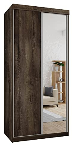 Mirjan24 Penderie Toplo 100 II élégante pour chambre à coucher, miroir, 100 x 200 x 62 cm, armoire vestiaire, armoire à portes coulissantes (frêne foncé, avec éclairage LED bleu)